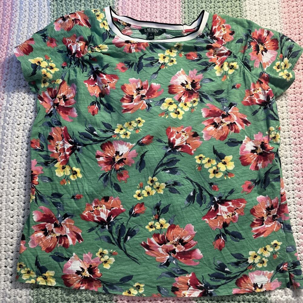 Lauren Ralph Lauren T Shirt Plus Size 1X Green Floral Flowers Crew Neck Tee Top